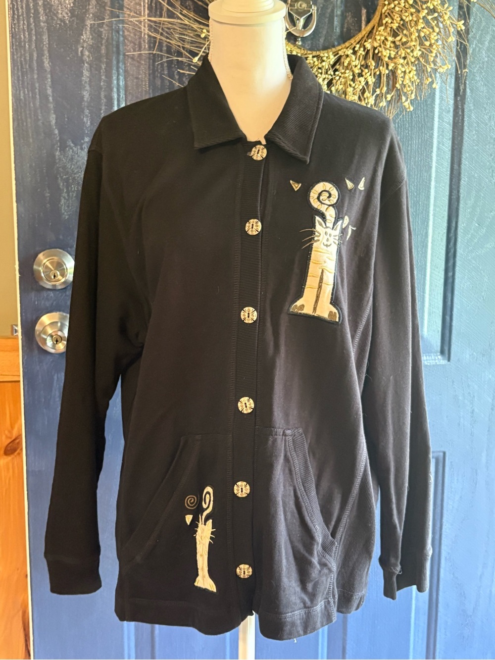 Onque Casuals Cardigan Cat Sweater Women’s Black Halloween Button Up W/Pockets